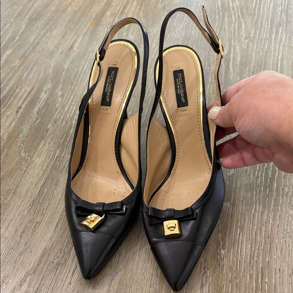 Dolce & Gabbana Black Leather Pointed Slingback Pumps with Gold Accent